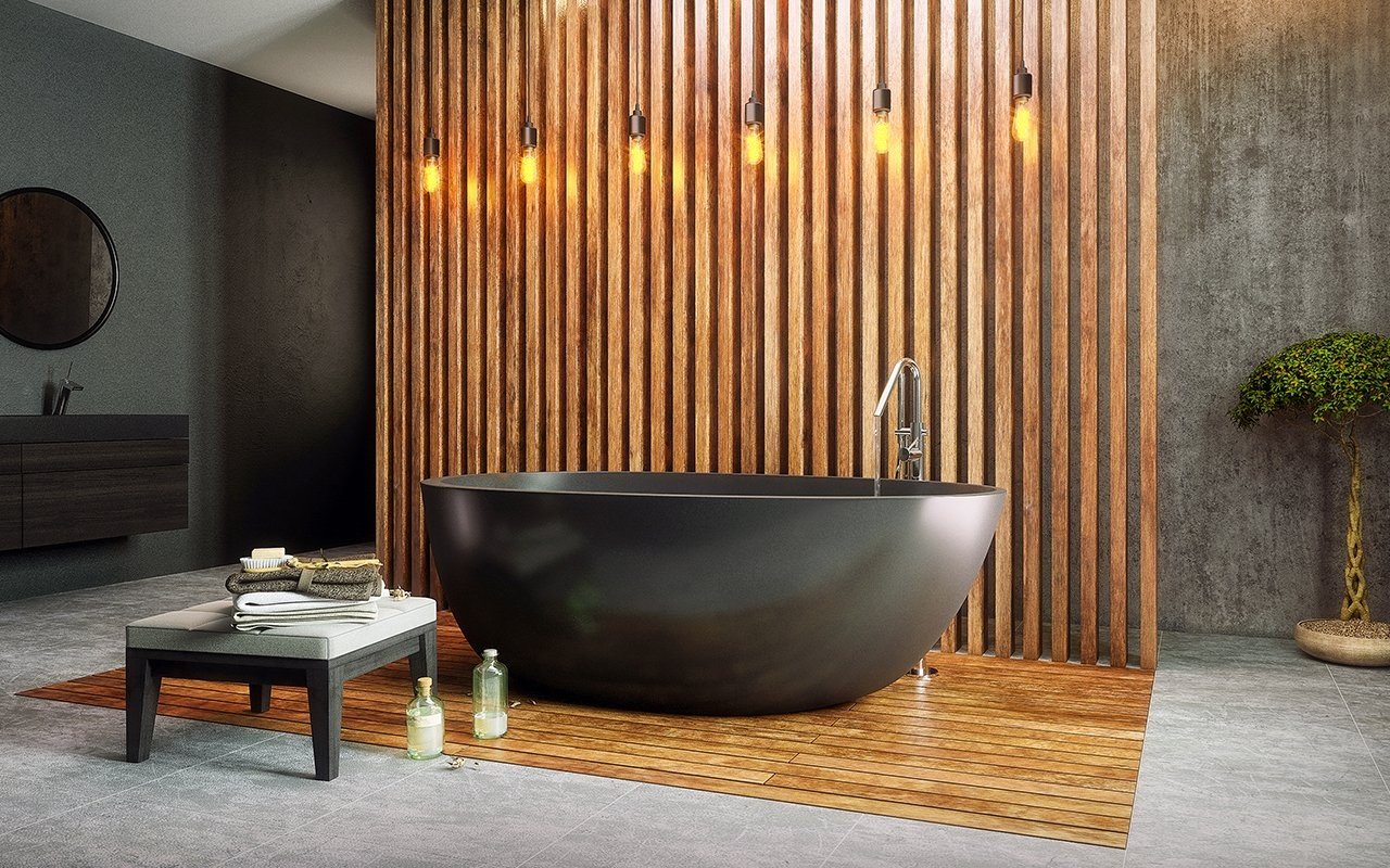 Natural bathroom elements: Warm wood panels and the organic-shaped black hot tub offer a beautiful breath of fresh air